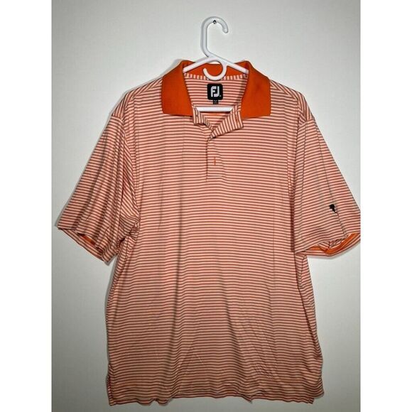 FootJoy FJ Polo Shirt Adult M‎ Orange White Striped Golf Short Sleeve Men's LOGO - Picture 1 of 6